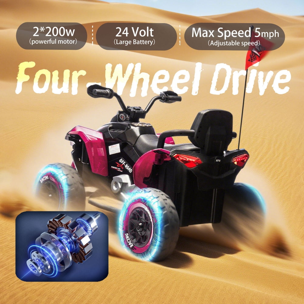 NovaDrive 24V Kids Ride On Electric XXXL ATV with Parent Remote Control, 4-Wheel Shock Absorber, Bluetooth Music USB MP3, Power Display & LED Lights, Speeds 1.24-3.73 MPH, Ages 3-12