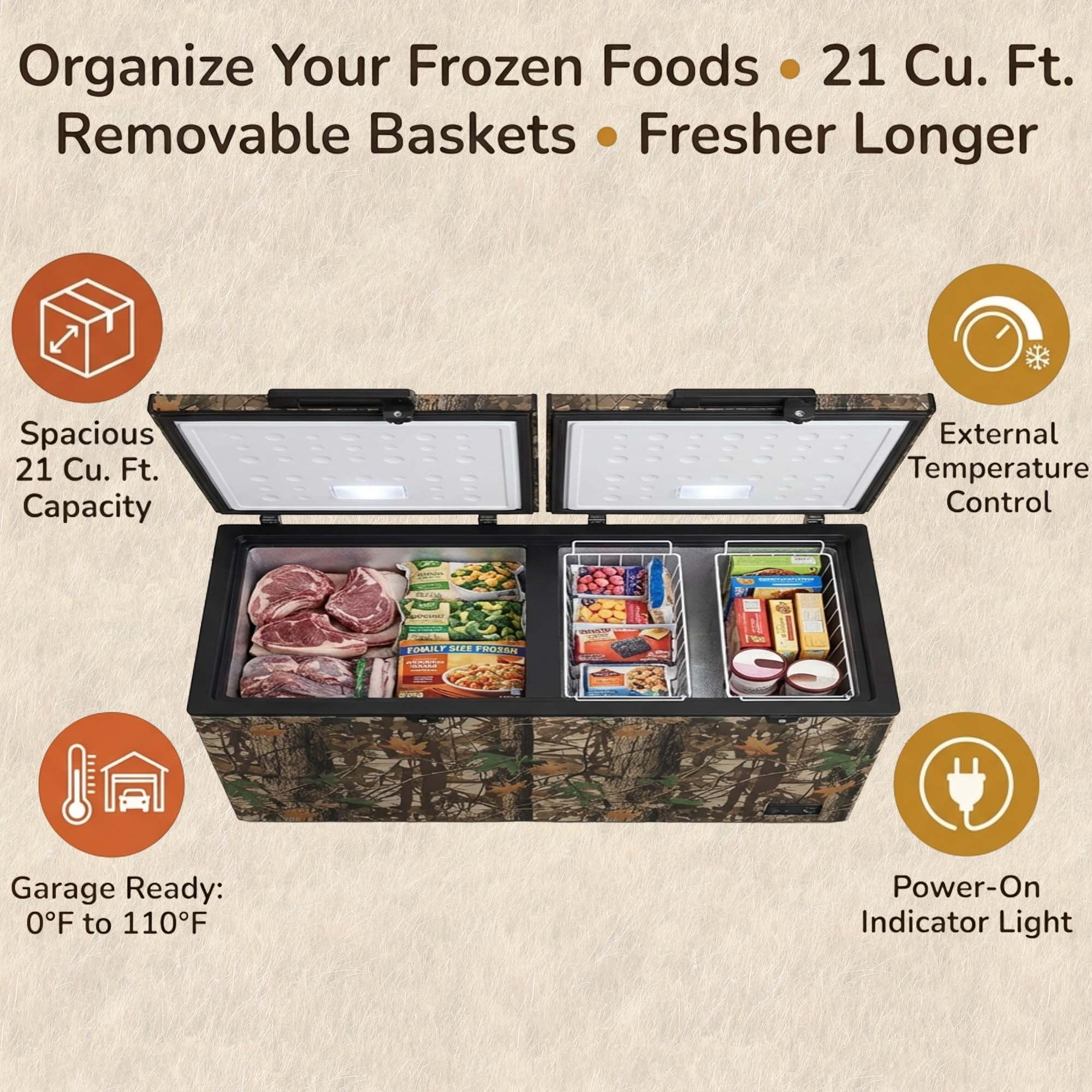 Magnavox Home 21 Cu. ft. 2-Door Chest Freezer, Garage Ready Hunting Camo Deep Freezer