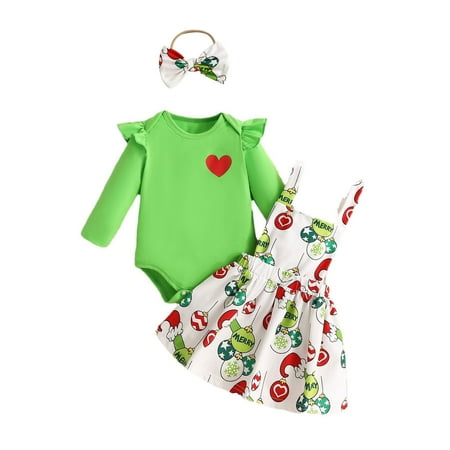 

TOOYOU Girls Outfits Sets Infant 3Pcs Christmas Long Sleeve Romper Bodysuit Xmas Cartoon Printed Suspender Skirts Headband Fall Winter Clothes Green 3-6 Months