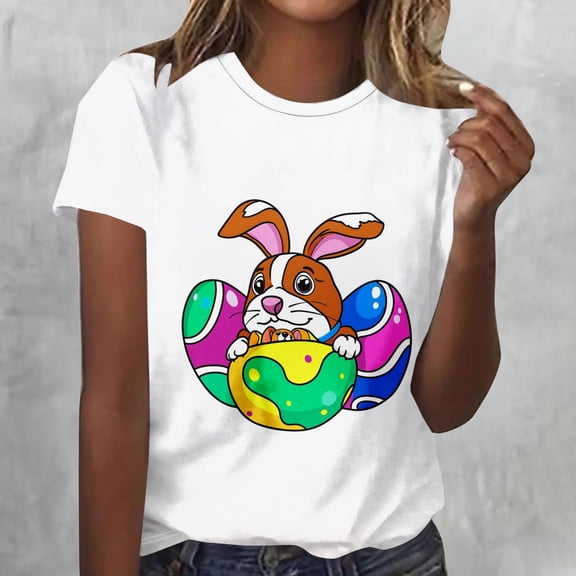 Mifsaly Easter Tops for Women Casual Short Sleeve Crewneck T-Shirt Cute Easter Bunny Rabbit Print Tshirt Lightweight Breathable Summer Graphic Tee Top XL