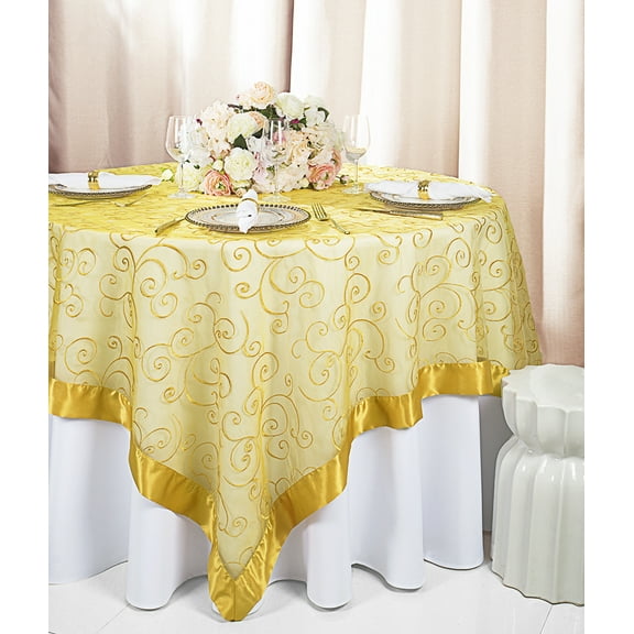 Wedding Linens Inc. 85"x85" Embroidered Organza Sheer Table Overlay Toppers- Gold