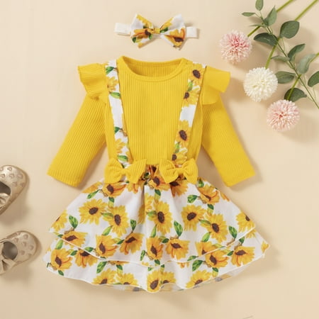 

ZOELNIC Toddler Kids Baby Girls Floral Clothes T-shirt Tops + Overall Skirts+ Headband 3Pcs Fall Clothes Set Yellow 4-5 Years