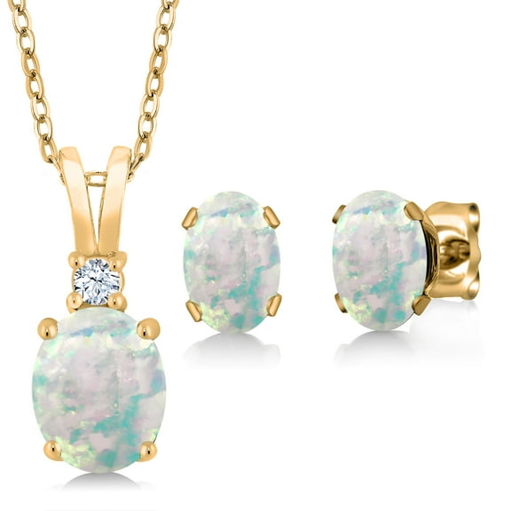 Gem Stone King 3.05 Cttw Oval Cabochon White Simulated Opal Pendant Earrings Set for Women | 18K Yellow Gold Plated Silver | Gemstone Birthstone | With 18 inch Chain