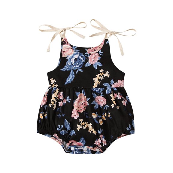 Gureui Toddler Baby Girls Casual Suspender Jumpsuits Flower Print Round Neck Bow Lace-Up Triangle Romper Bodysuit