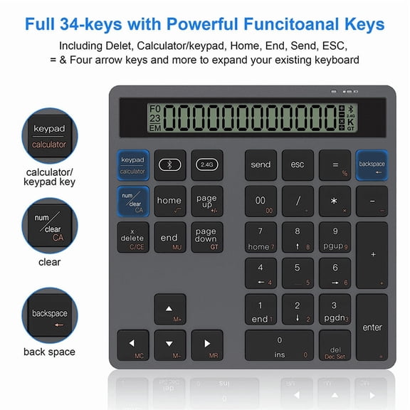 JOMAA Bluetooth  2.4G Wireless Numeric Keyboard with Display Calculator Wireless Number Keypad Financial Accounting Numpad Data Entry