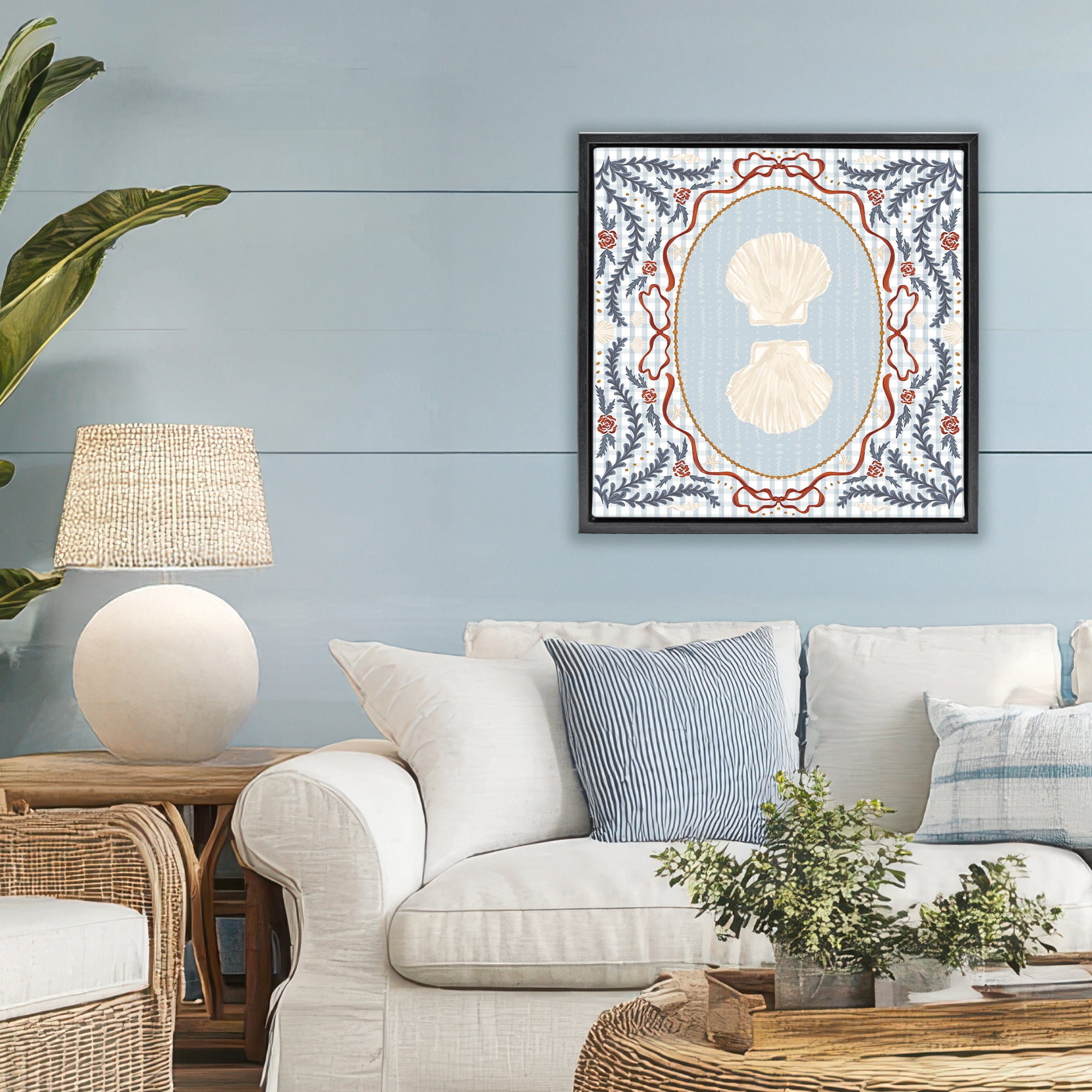 Stupell Industries Shells Portrait on Gingham Black Framed Floater Canvas Wall Art, design by Vero Illustrates
