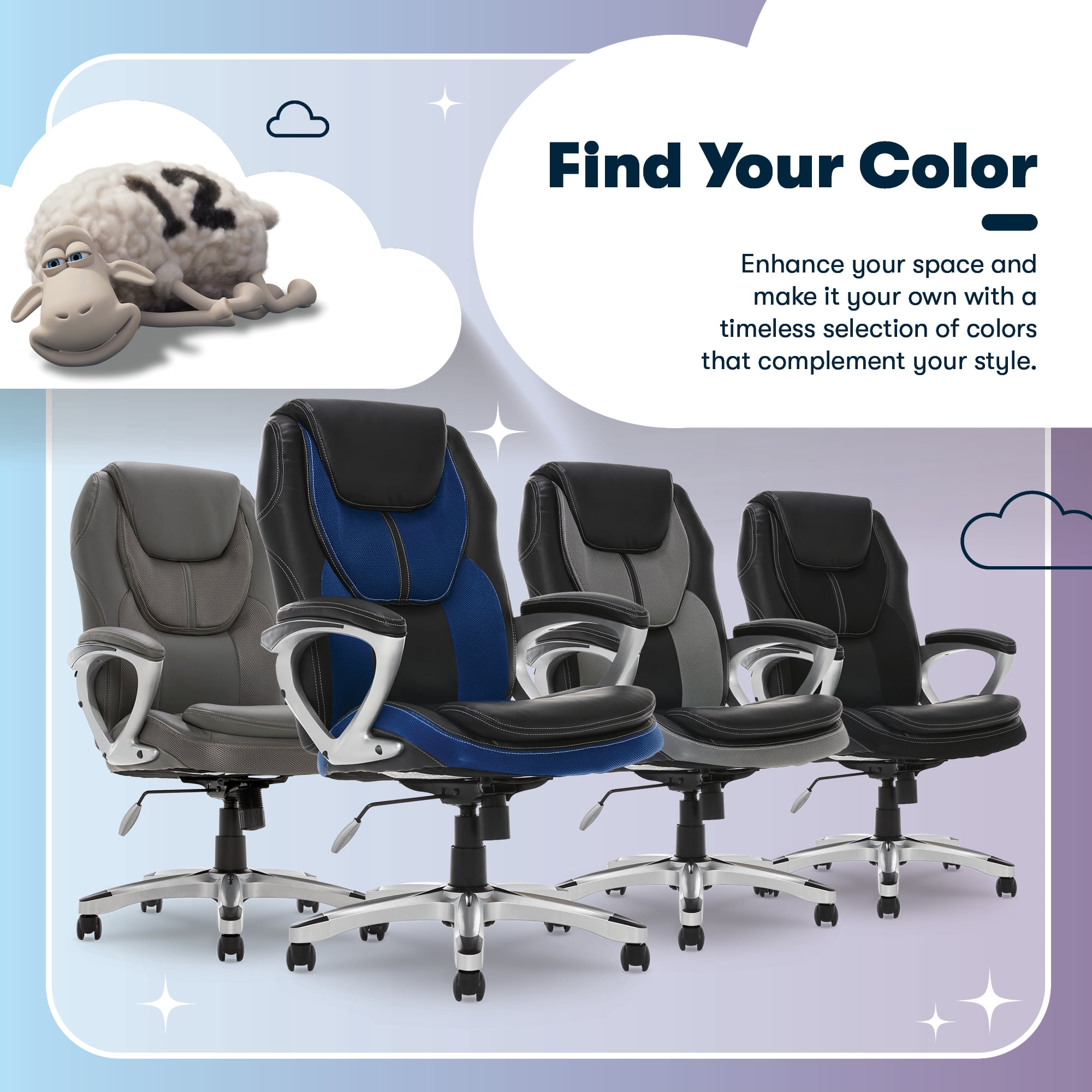 Serta®Amplify Executive Office Chair with Faux Leather and Mesh, Adjustable Ergonomic Comfy Seat with Lumbar Support, Modern Computer Desk Chairs, Swivel Rolling Wheels Blue