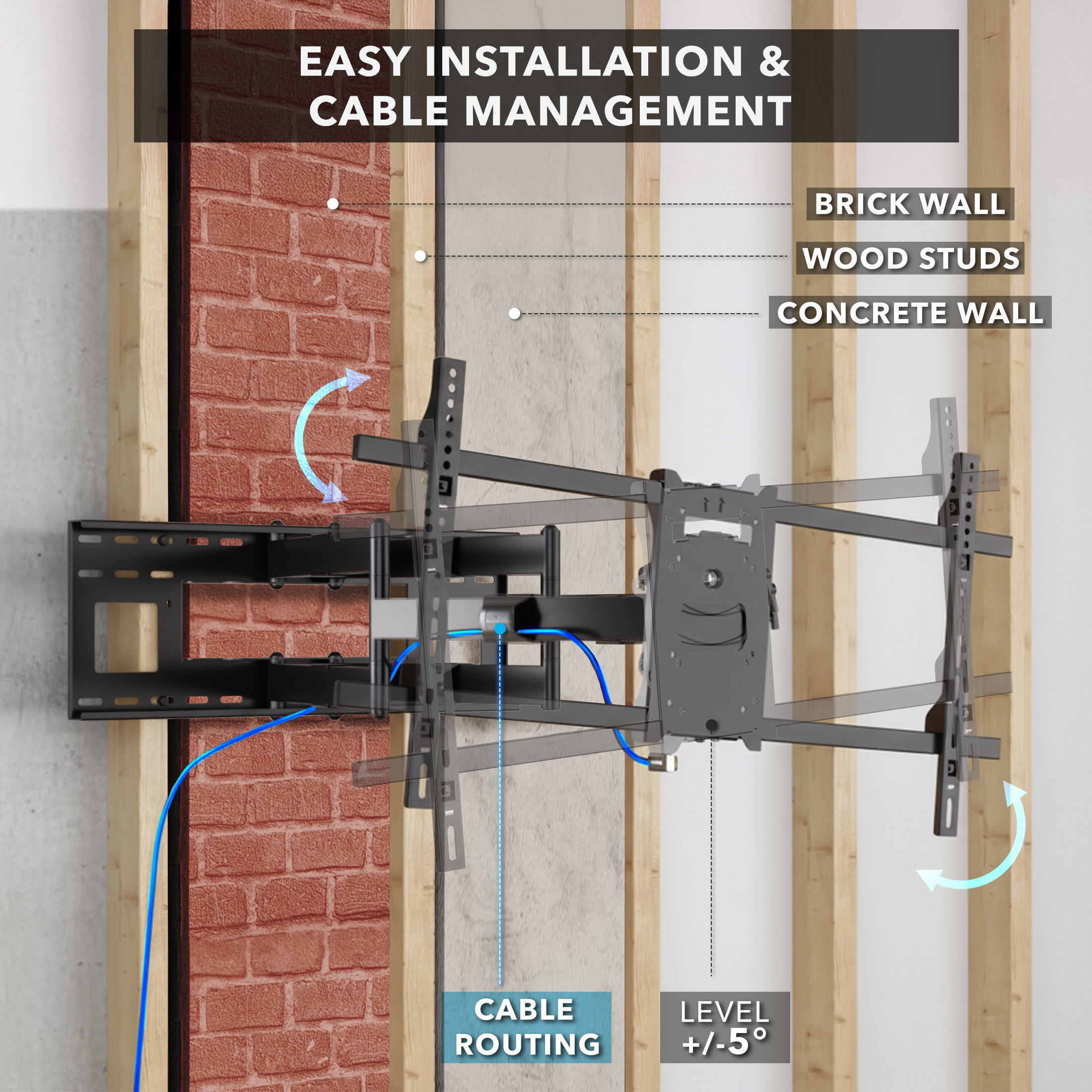 Mount-It! Full Motion Dual Arm TV Wall Mount with Extra Long 36" Extension , Fits 40" to 90" Tv's, Capacity 176 Lbs.