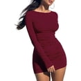 thumbnail image 3 of Women'S Fall Winter Long Sleeve Boat Neck Mini Dress Slim Fit Party Club Teacher Casual Office Dresses Wine Red L, 3 of 9