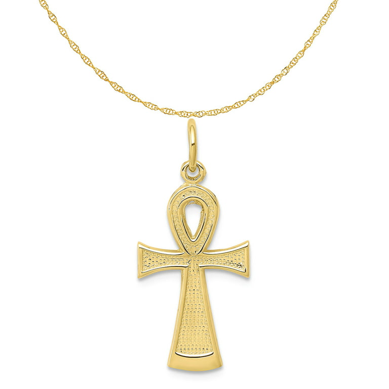 Carat in Karats 10K Yellow Gold Solid Flat-Backed Ankh Egyptian Cross  Pendant Charm (27mm x 13mm) With 14K Yellow Gold Lightweight Rope Chain  Necklace