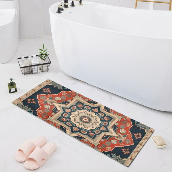 Bath Mat Soft Plush Non-Slip Absorbent Bathroom Rugs 39"x20" Red Boho Mandala