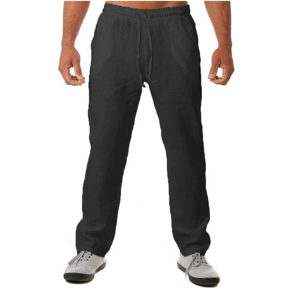 BXINGOHAI Mens Cotton Linen Drawstring Pants Elastic Waist Casual Jogger Yoga Pants Loose Solid Long Pants Today Black,M