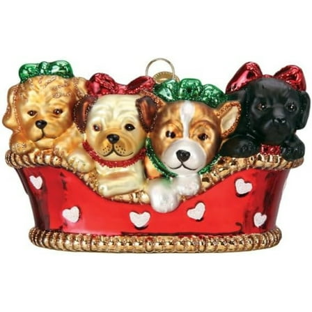 Old World Christmas Blown Glass Ornament for Christmas Tree, Puppies In A Basket (with OWC Gift Box)