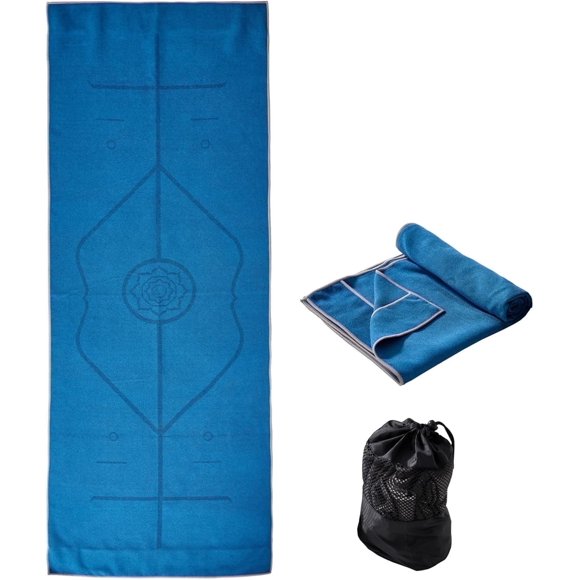 YR Yoga Mat Towel Grande 72''x24'' Toallas de Sudor Antideslizantes para Pilates de Yoga Calientes con Líneas de Alineación, Azul