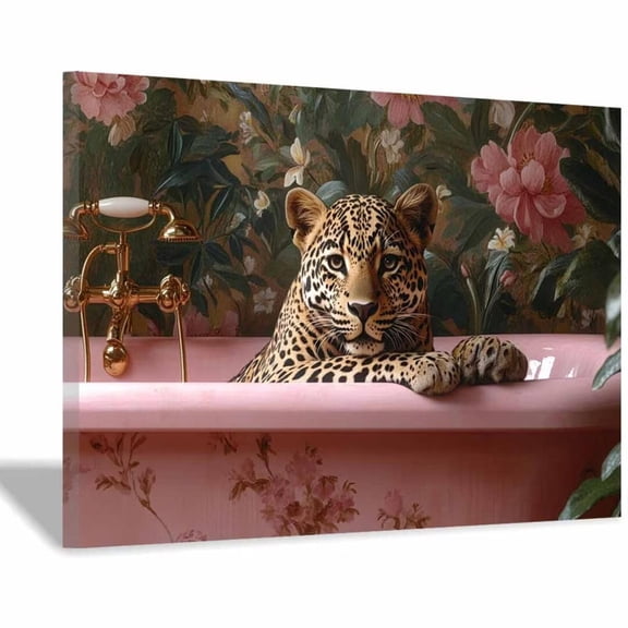 Mudket Framed Leopard in Floral Pink Bathtub Canvas Wall Art, Leopard Print Bathroom Wall Decor, Chic Animal Wall Art Ready to Hang - 12"L x 8"W