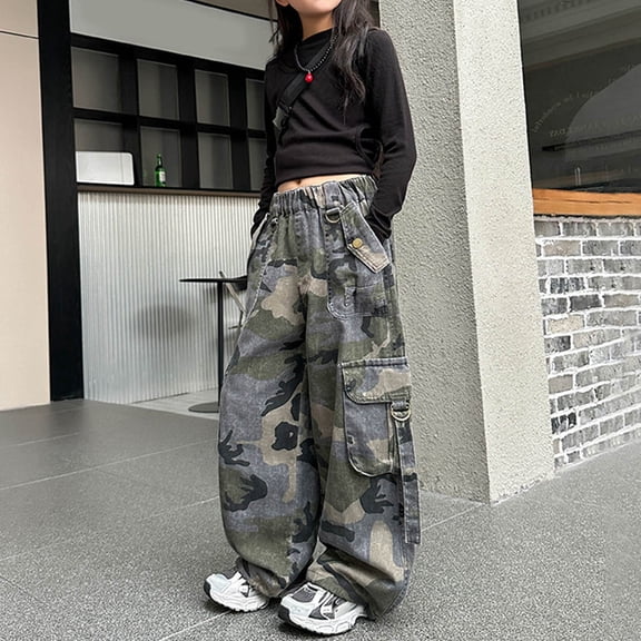 RUTAYY Girls Cargo Pants Camo Print Elastic High Waist Multi Side Cargo Pockets Loose Casual Bottoms
