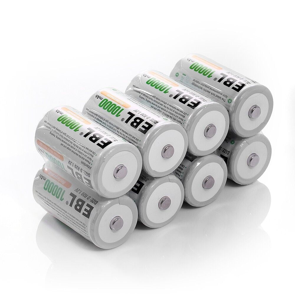 EBL D Cell Batteries 10,000mAh Ni-MH Rechargeable 1.2V (8-Pack) with Smart Battery Charger for C D AA AAA 9V Ni-MH Ni-CD Rechargeable Batteries with Discharge Function & LCD Display
