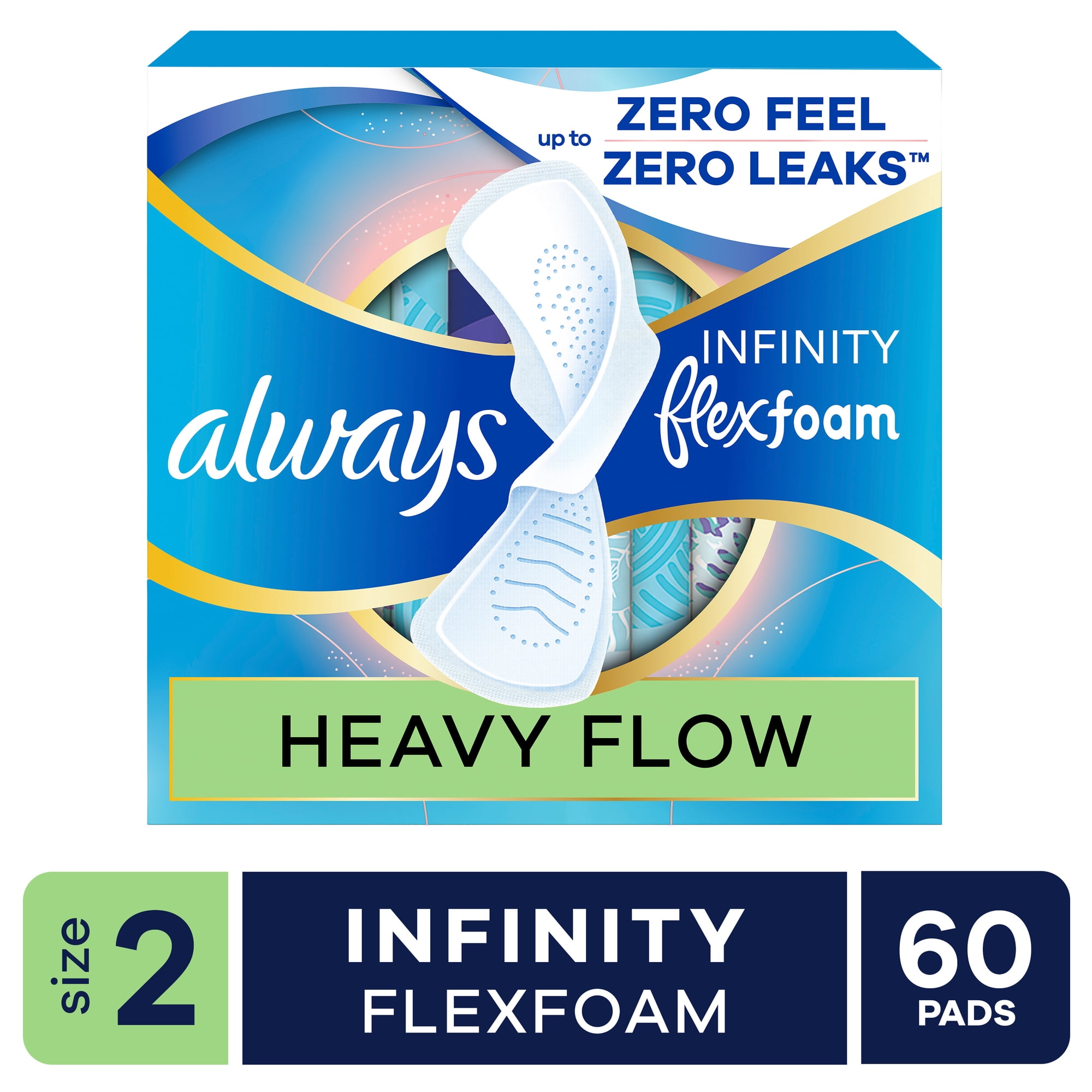Always Infinity FlexFoam Pads for Women, Size 2, Heavy Pad with Wings, Unscented, 60 Count