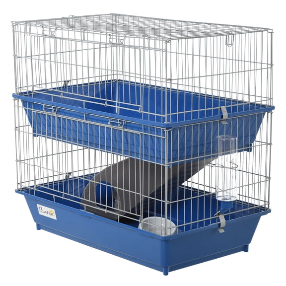 2-Tier Guinea Pig Cage, Ferret Cage, Chinchilla Cage, Small Animal Cage Indoor with Dish and Bottle, 2 Doors, Deep Bottoms, Ramp, 28", Blue