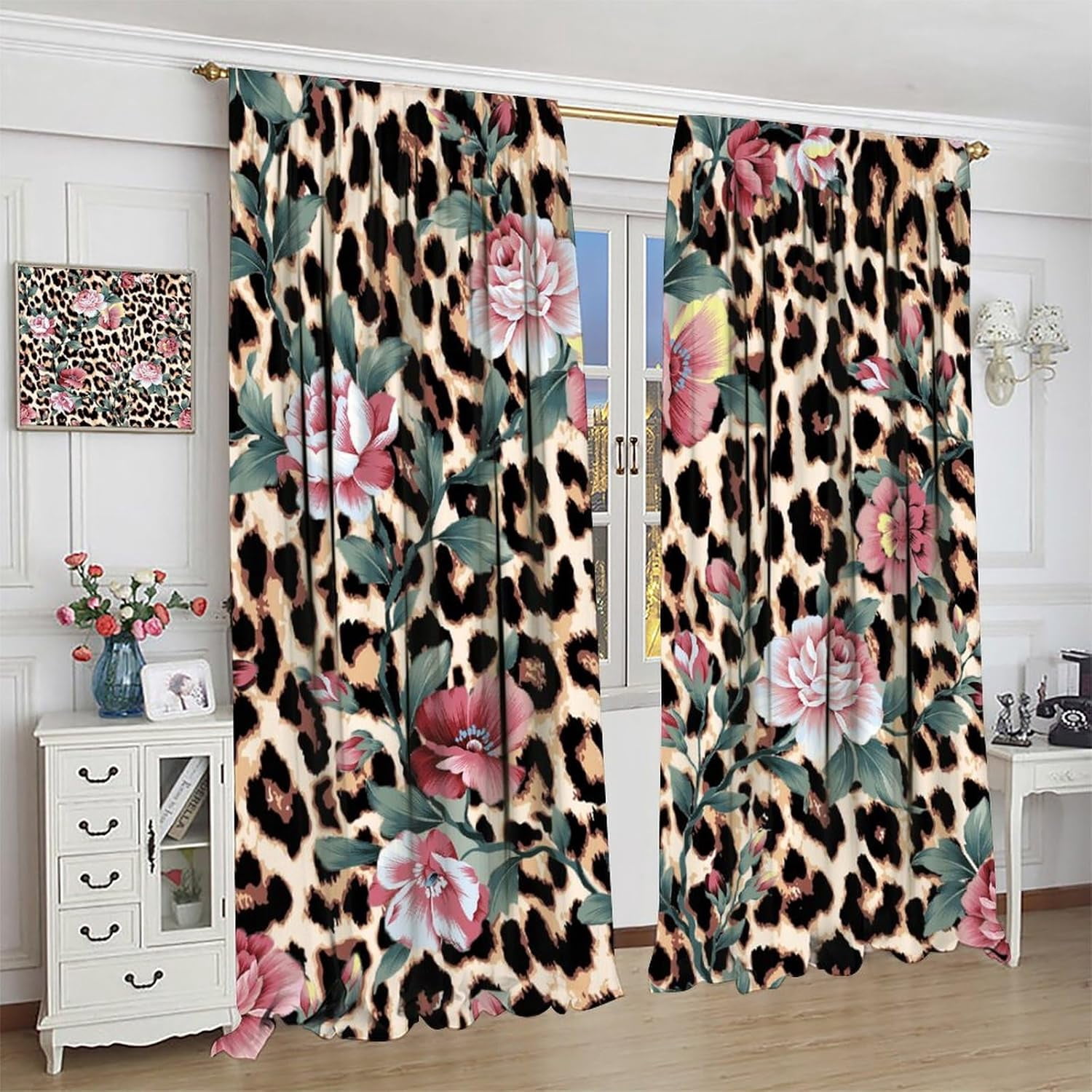 Leopard Print Curtains Pink Flowers Green Leaves Leopard Blackout Print Rod Pocket Window Drapes for Bedroom Living Room 42x54in