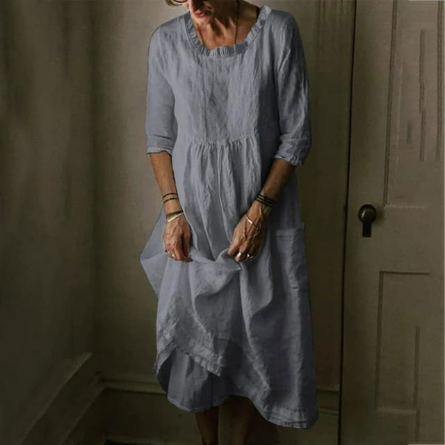SMihono Robes Bohèmes d'Été pour Femmes Grande Taille Mode d'Été Décontractée Col Rond Manches Mi-Longues Lin Poche Robe Unie Ample