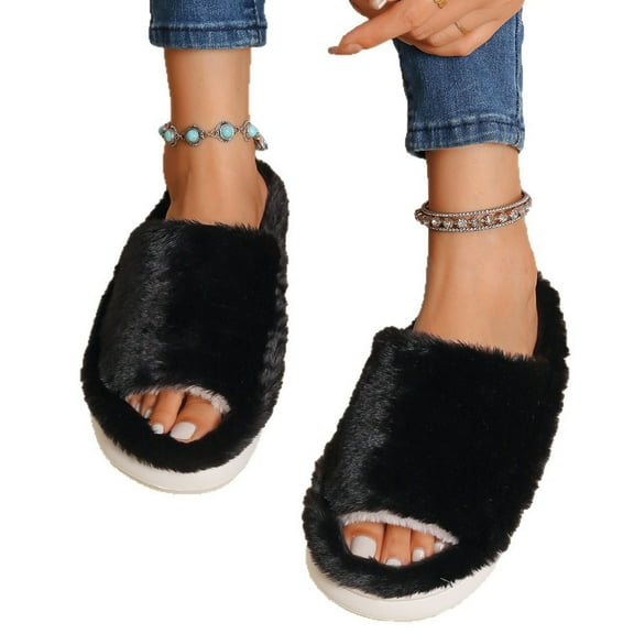 CHUMUD Women's Open Toe Slippers Cozy Plush Lined Winter Slippers Indoor Slip on Slippers Wide Width Holiday Gifts