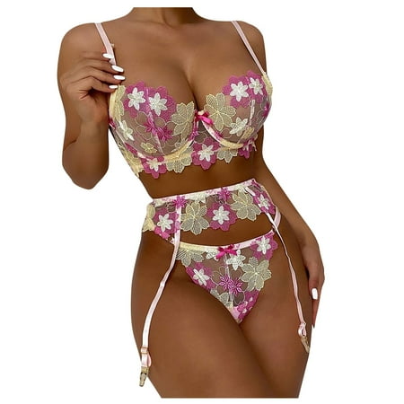 

KDDYLITQ Women s Sexy Teddy Bra and Panty Sets Embroidery Lingerie Set Mesh Babydoll Lingerie with Garter Pink M