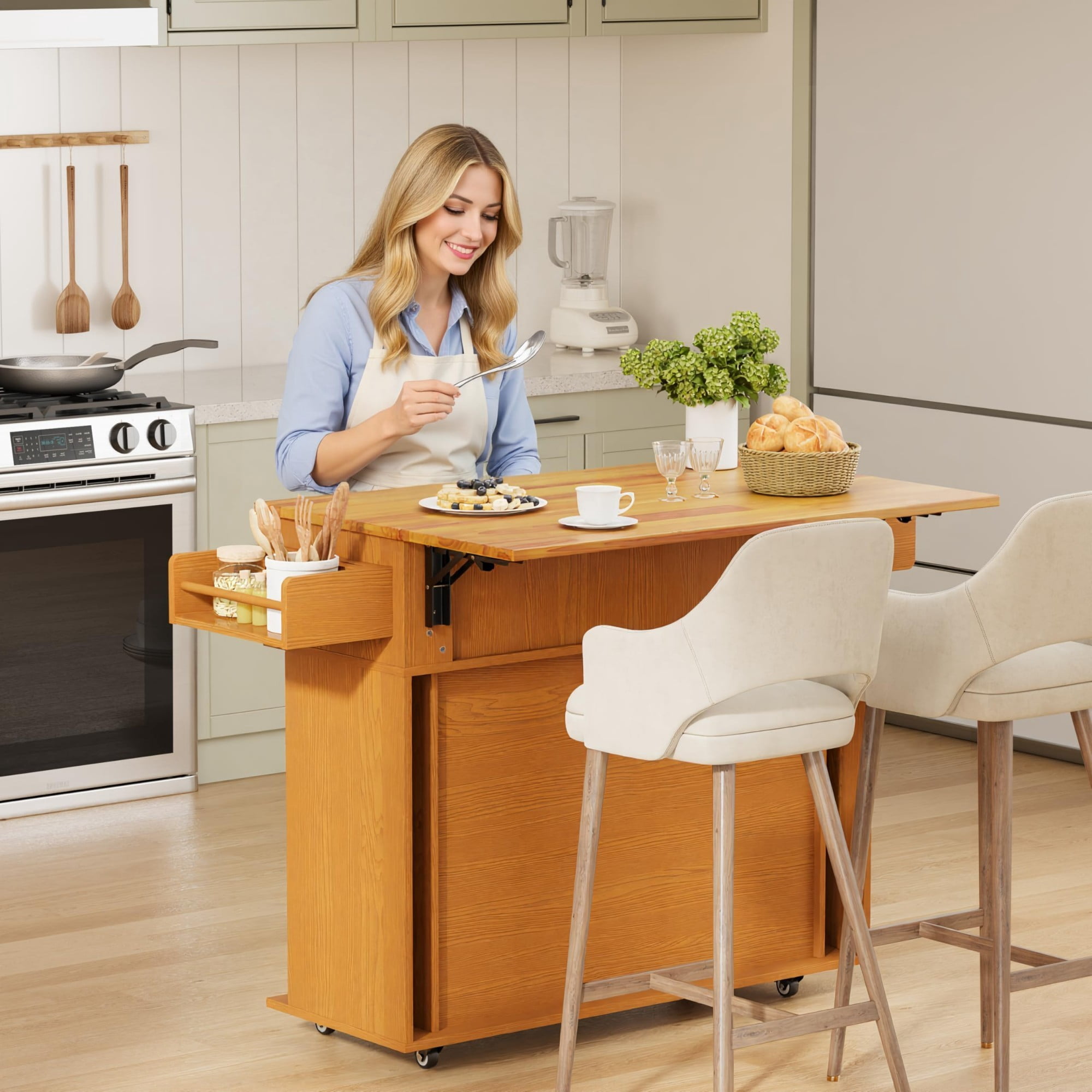 Rolling Kitchen Island Cart with Drop Leaf, Mobile Kitchen Cart on Wheels with Sliding Door, Drawer & Storage Rack, Yellow