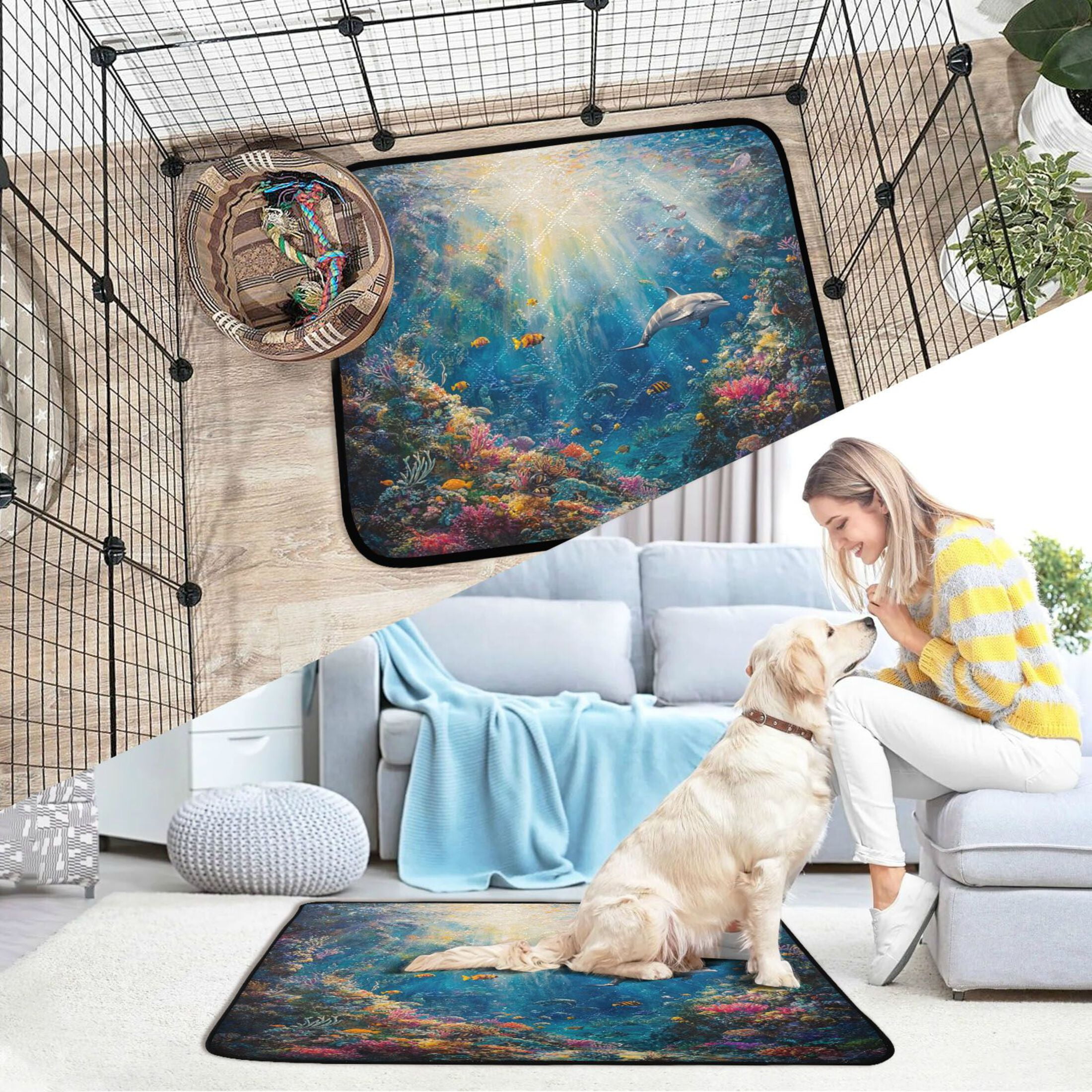 Qxltty Underwater World Cat litter Pads Pet Set of 3 Diaper Mats Center Anti-leakage Layer Absorbent Soft and Comfortable