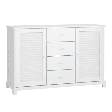 HOMCOM Sideboard Buffet Cabinet, Kitchen Cabinet, Coffee Bar Cabinet with 4 Drawers and 2 Louvered Doors for Living Room, Kitchen, White