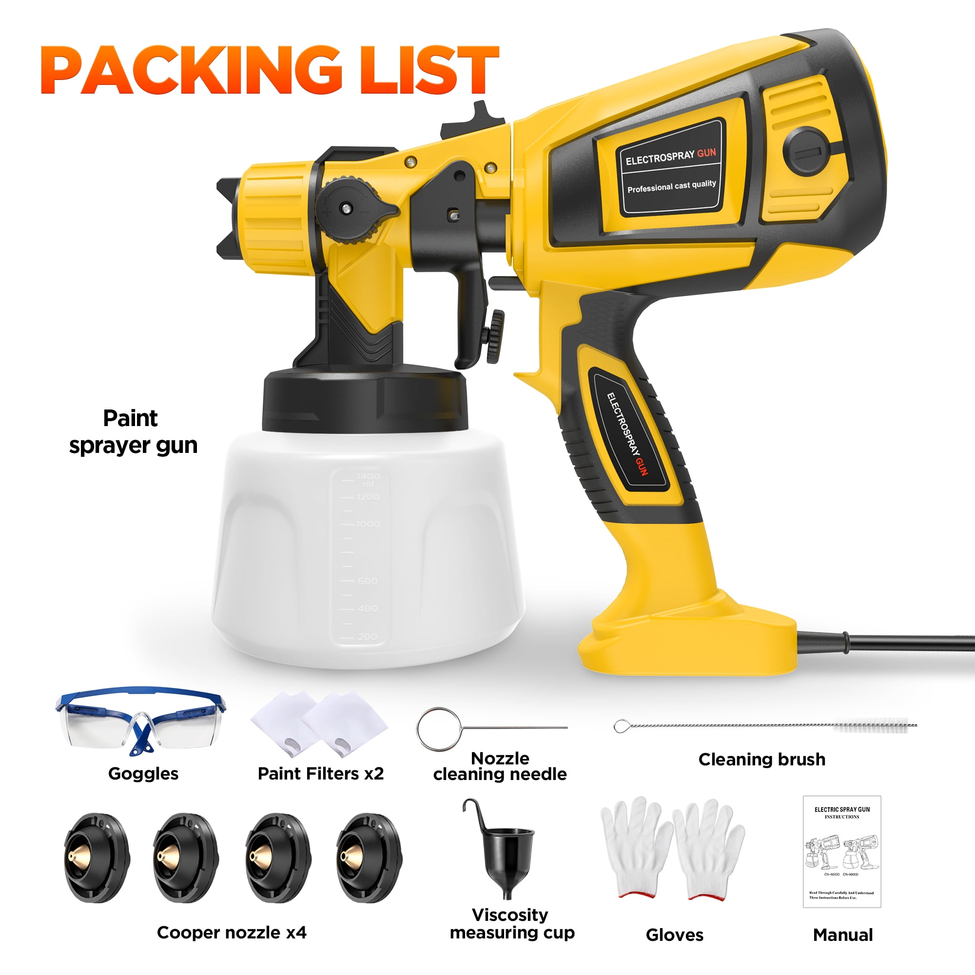 TNTANTS Paint Sprayer 1400ml Large Container, 550W HVLP Electric Spray Paint Gun with 4 Nozzles 3 Spray Patterns for House Painting, Home Interior and Exterior(Yellow)