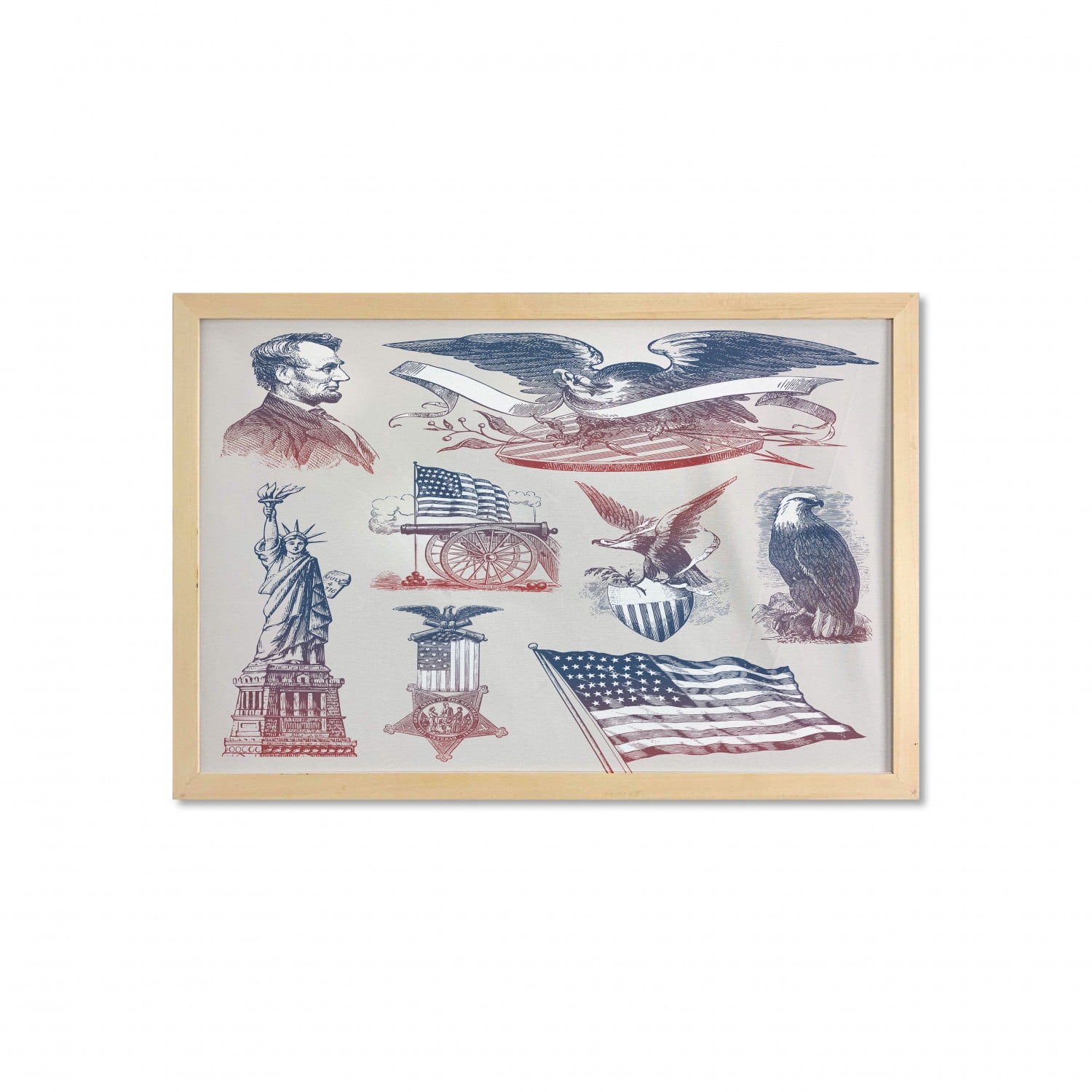 American Wall Art with Frame, Vintage National Symbols Hand Drawn Style ...