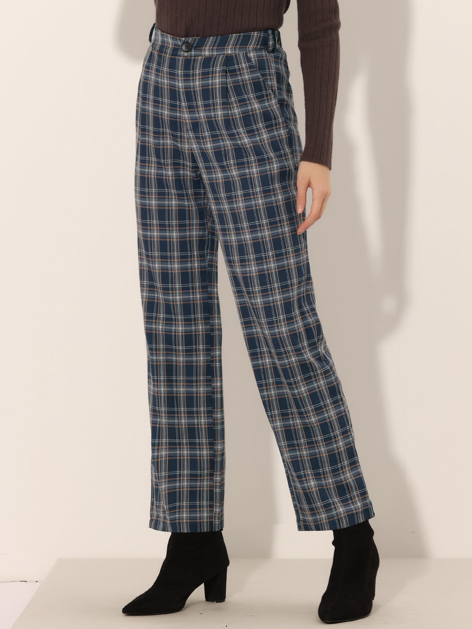 DARING DIVA Women's Plaid Trousers Pockets Straight Leg Casual Pant XS Dark Blue Beige