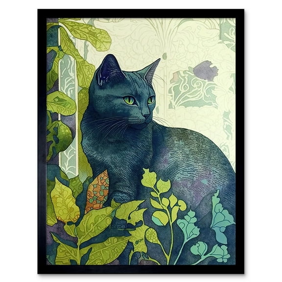 Russian Blue Cat with Bright Ornate Plants Modern Art Nouveau Illustration Art Print Framed Poster Wall Decor 12x16 inch