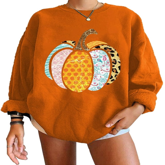 AMERTEER Chandails en Molleton pour Femmes Motifs Citrouille Col Rond Pulls Automne Hiver Manches Longues Mode Urbaine