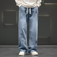 thumbnail image 2 of CHEEREAM Mens Wide Leg Jeans Elastic Waist Baggy Jeans Casual Loose Fit Drawstring Denim Pants Trousers Blue 2XL, 2 of 5