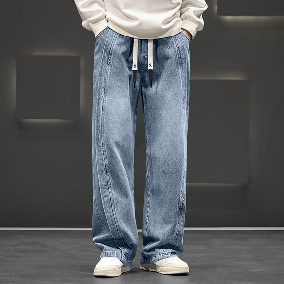 WAENQINLA Baggy Jeans for Men Elastic Waisted Drawstring Y2k Denim Pants Straight Wide Leg Loose Fit Trousers Hip Hop Lounge Jean with Pockets