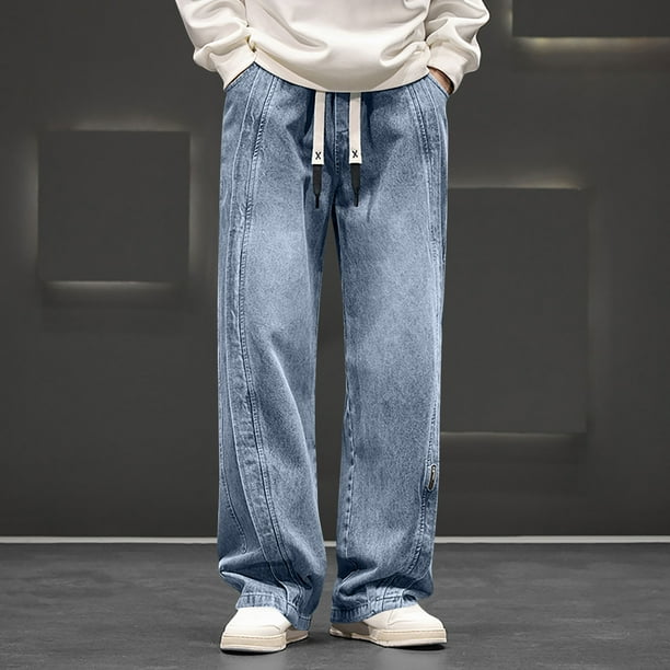 Pantalones vaqueros de longitud completa para hombre, de moda, casuales, de color sólido, con cordón, de pierna recta, pantalones para hombre