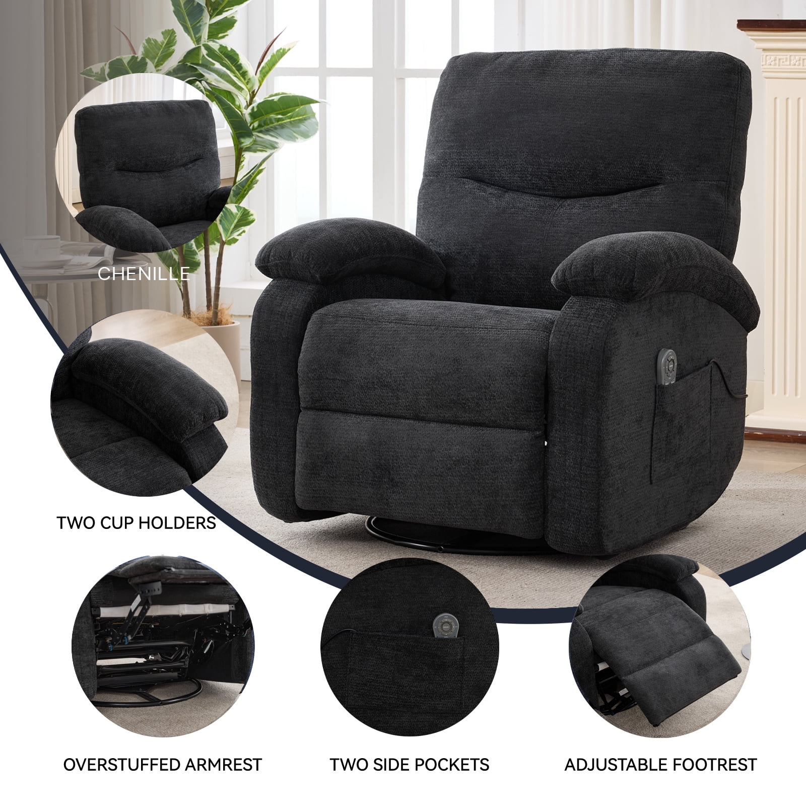Miniyam 360° Swivel Rocking Recliner Chair with Massage and Heat, Black Chenille with Side Pocket and Footrest