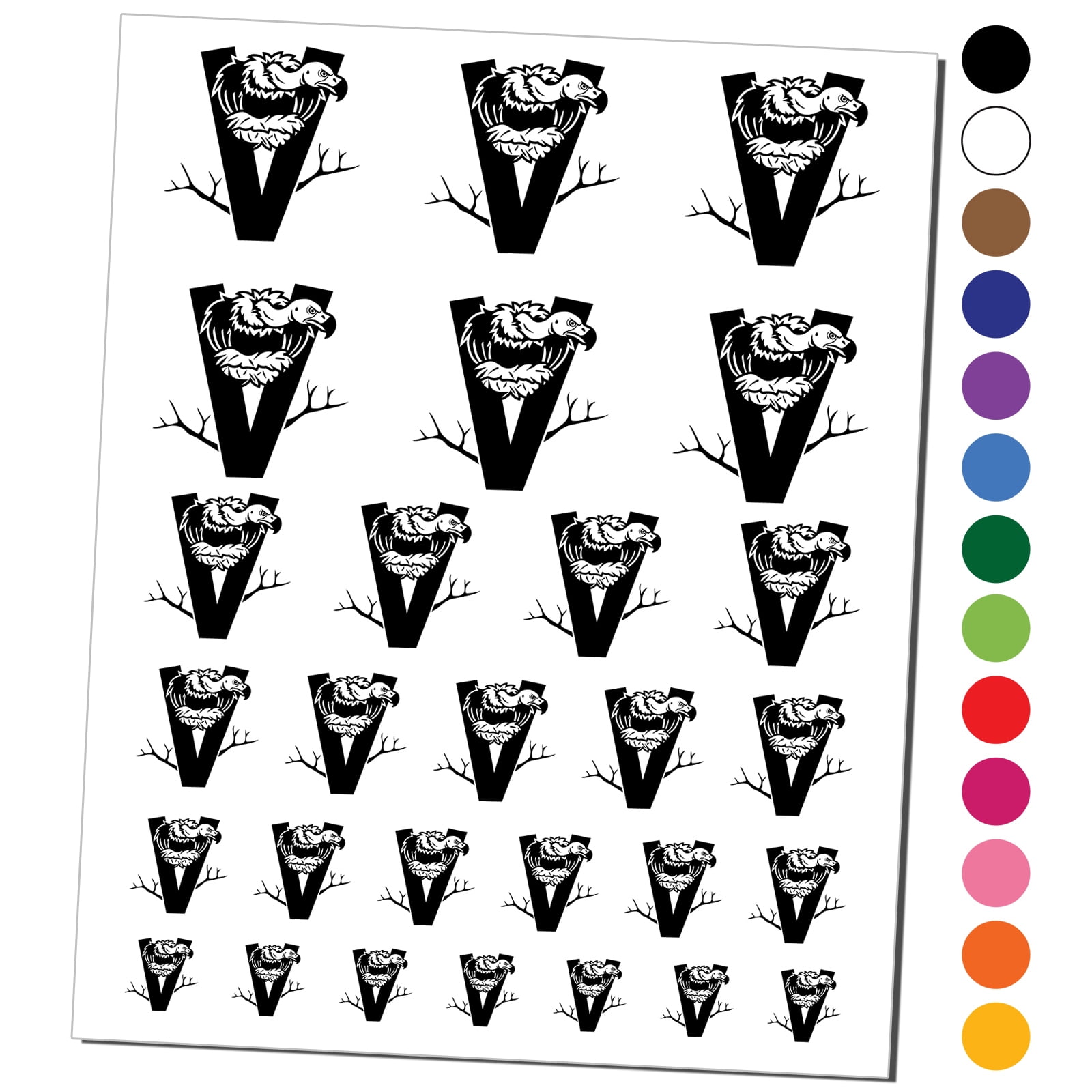 Animal Alphabet Letter V for Vulture Water Resistant Temporary Tattoo Set  Fake Body Art Collection - Black 