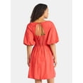 thumbnail image 3 of Time and Tru Women's and Women's Plus Cotton Bubble Hem Mini Dress with Puff Sleeves, Sizes XS-4X, 3 of 4