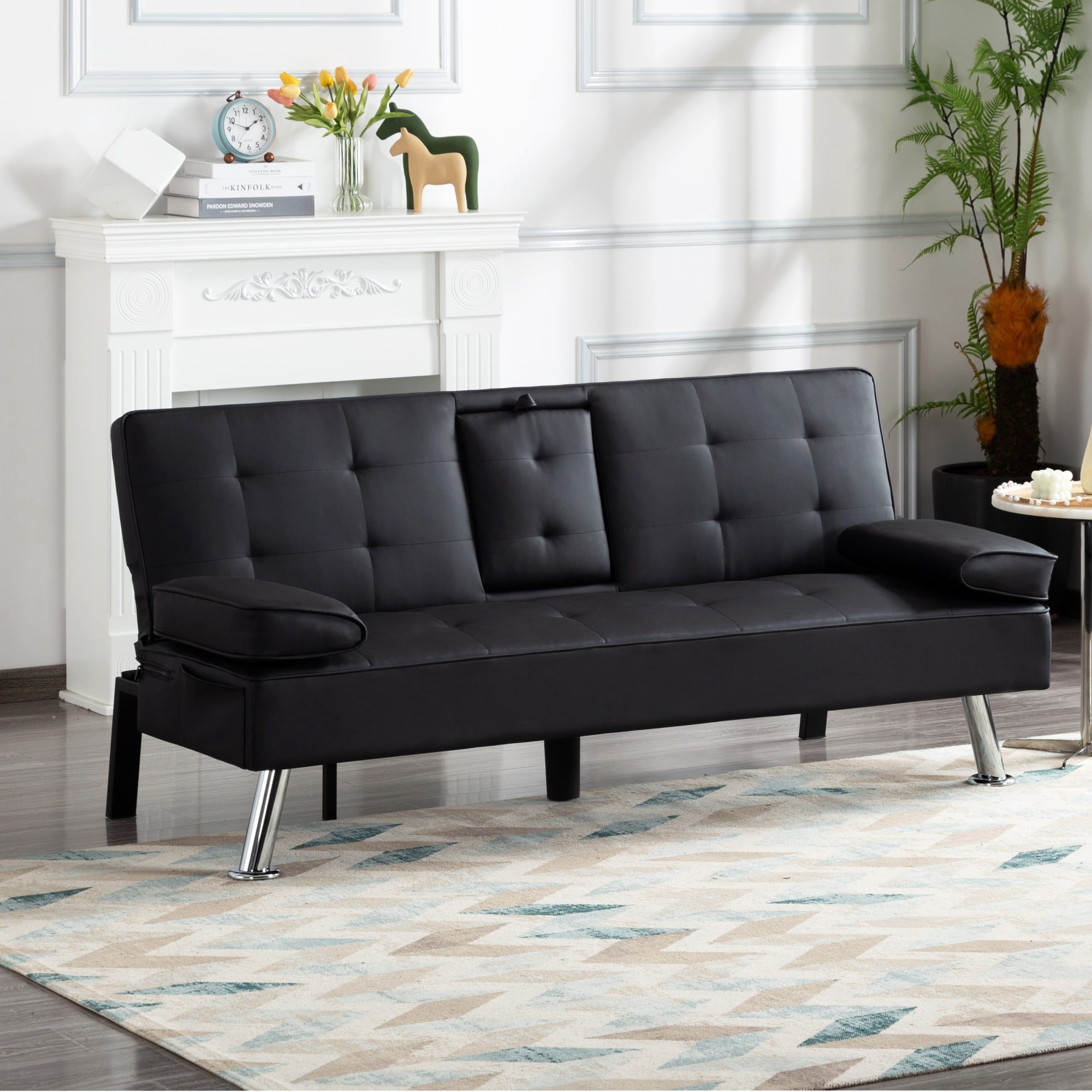 Gewnee 65.3" 3‑in‑1 Convertible Futon Sleeper Sofa, PU Leather Foldable Sleeper Couch with Adjustable Backrest,Sofa Bed with Cup Holders & Storage Bag for Small Apartments & Office，Black