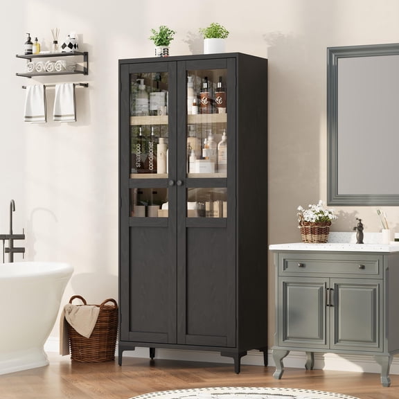 63" Tall Storage Cabinet with Glass Doors, 5 Tier Bathroom Cabinet with Adjustable Shelves