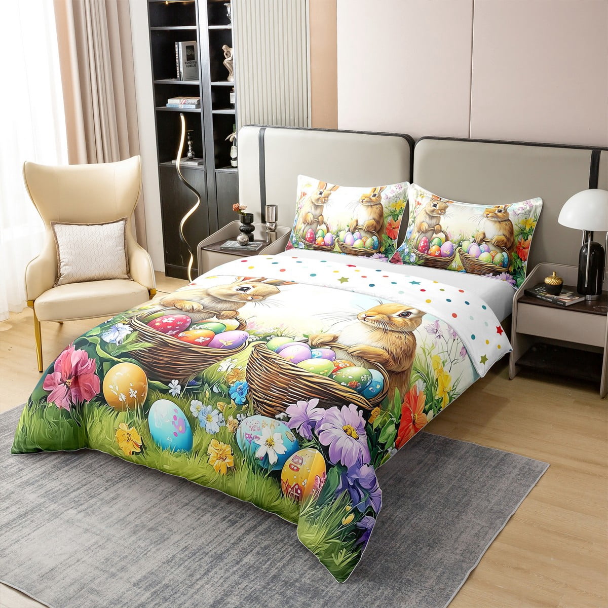 Erosebridal Farm Rabbit Bedding Set Easter Decoration Duvet Cover Happy Easter Themed Comforter Cover Easter Eggs Print Bedspread Cover Rustic Floral Decor Bedding Queen Size