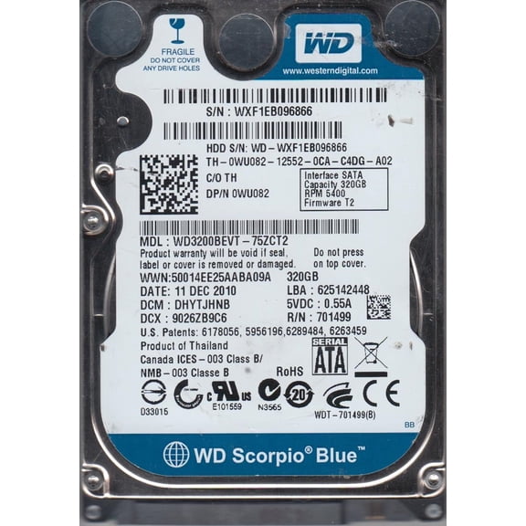 WD3200BEVT-75ZCT2, DCM DHYTJHNB, Western Digital 320GB SATA 2.5 Hard Drive