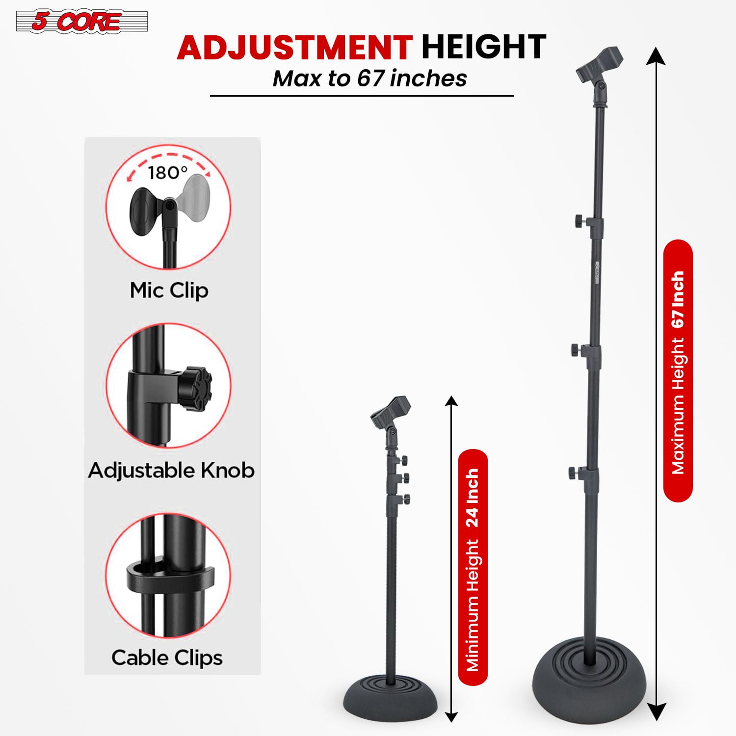Mic Stand Floor Height Adjustable 24 to 67 Inch 2Pcs Universal Heavy Duty Microphone Stands Round Base Soporte De micrófono for Studio Singing Church On Stage - MS RBP 3T 2PCS