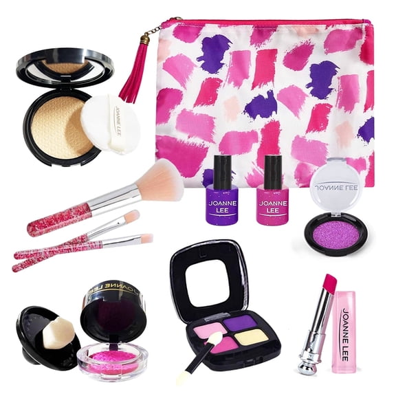 Rirool Girls Pretend Makeup Kit, Pink Vanity Beauty Play Set for Ages 3-8, Not Real Makeup Toy with Cosmetic Bag Brushes Mirror, Princess Dress Up Birthday Gift for Kids Role Play