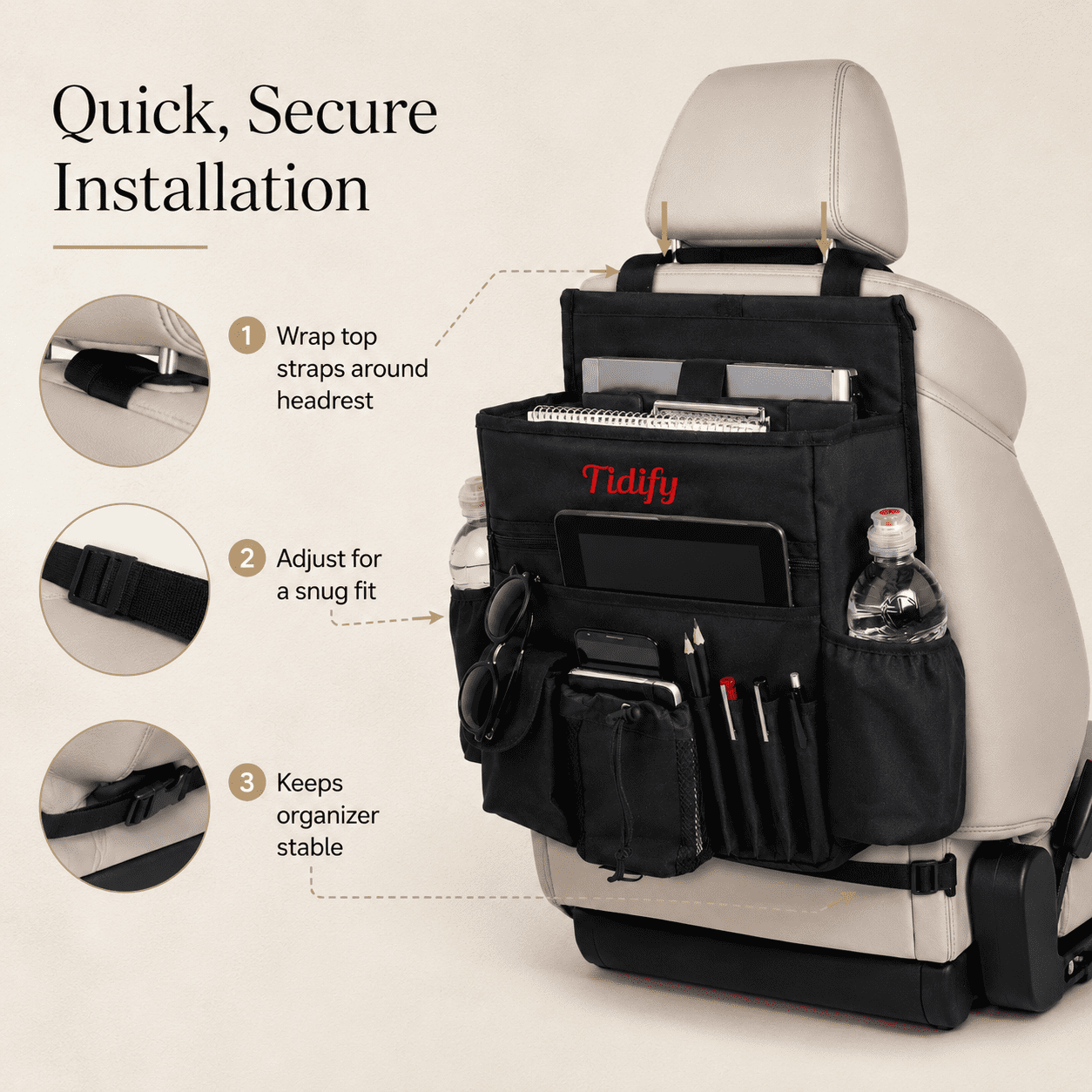 Tidify Car Seat Back Organizer with Adjustable Straps, Compartments, and Pockets for Laptop and Tablet, 1 Pack
