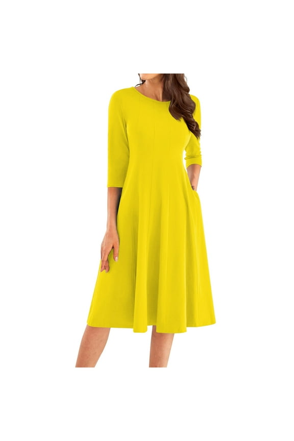 Fall Dresses for Women 2024 Trendy Solid a Line 3/4 Sleeve Midi Dresses 2024 Crew Neck Pleated Dress Yellow L