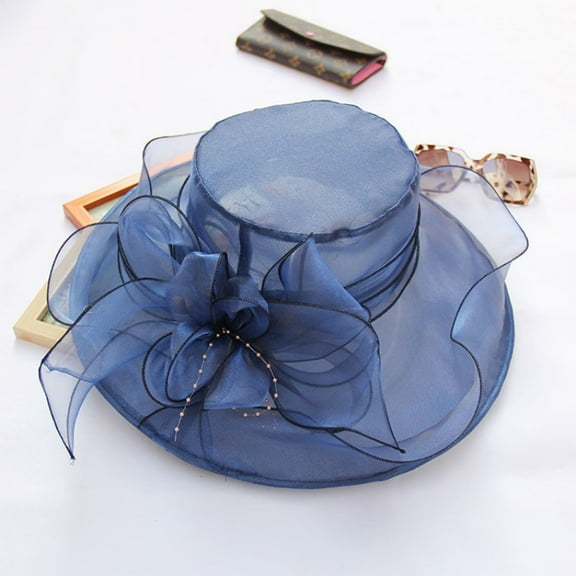 Zhuge Dark Blue Wedding Tea Party Mesh Flower Wide-Brim Hat – Average Size, 1 Piece